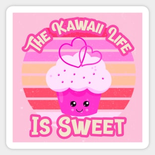 The Kawaii Life Is Sweet: Pink Cupcake With Retro Vintage Sunset Background Sticker